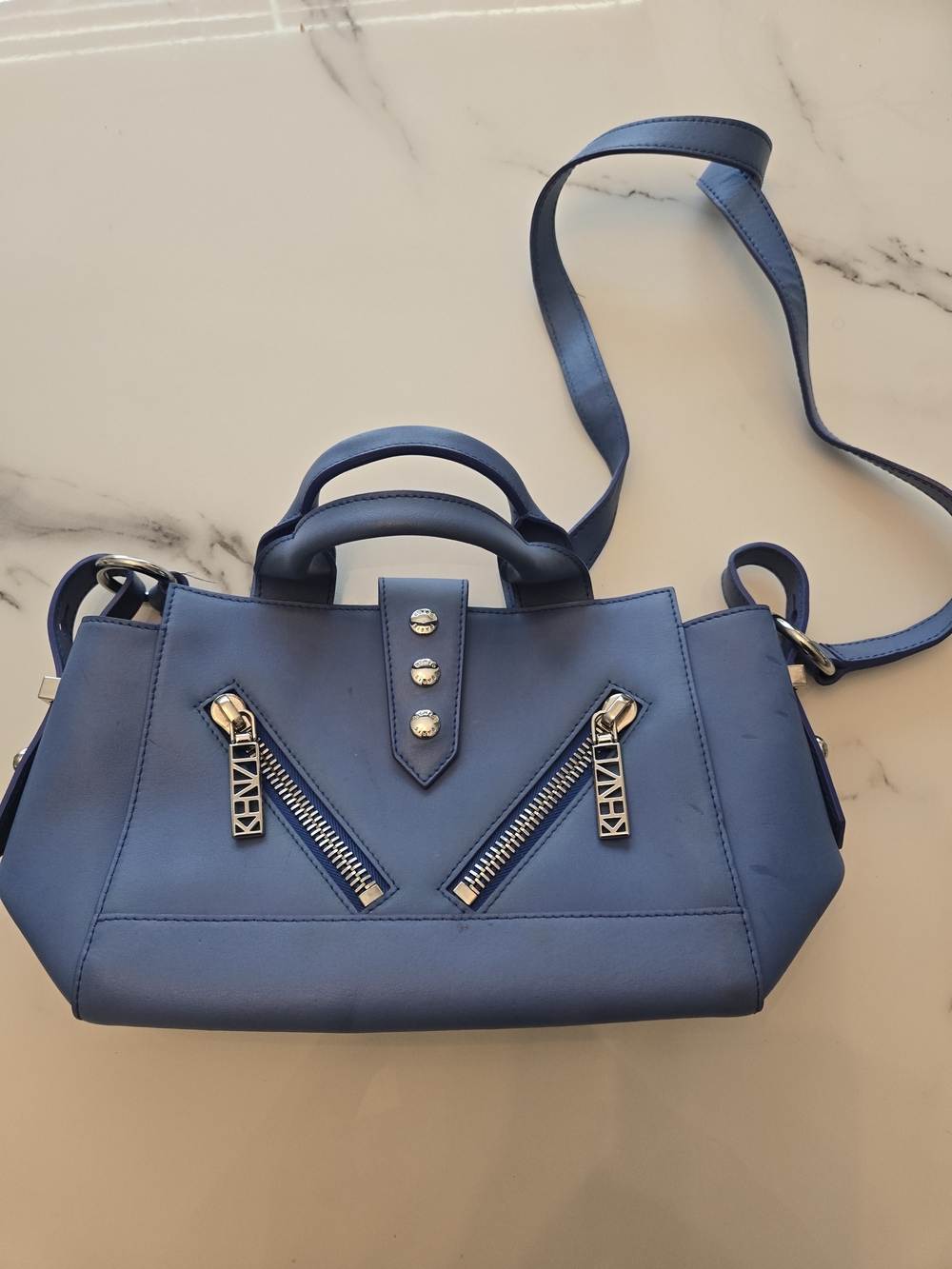 Kenzo Blue mini tote bag with two front zip pockets, rear zip pocket.